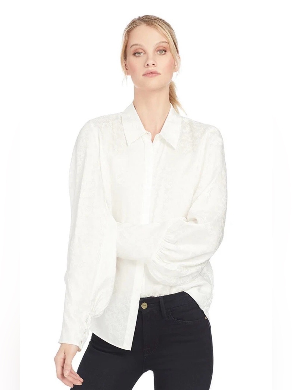 NWT Saloni Joanna Ivory Floral Pattern Button Down Blouse Long Sleeve Top US 10